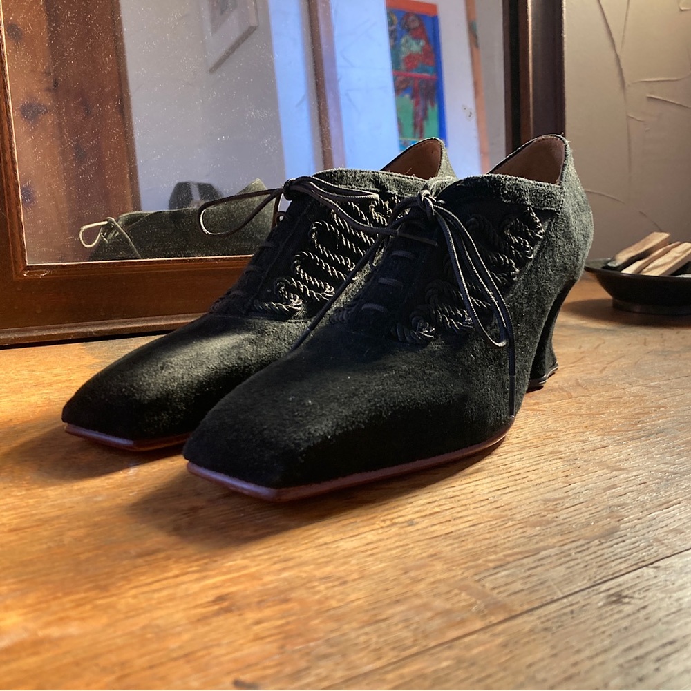 John Fluevog vintage Victorian-style black suede shoes
